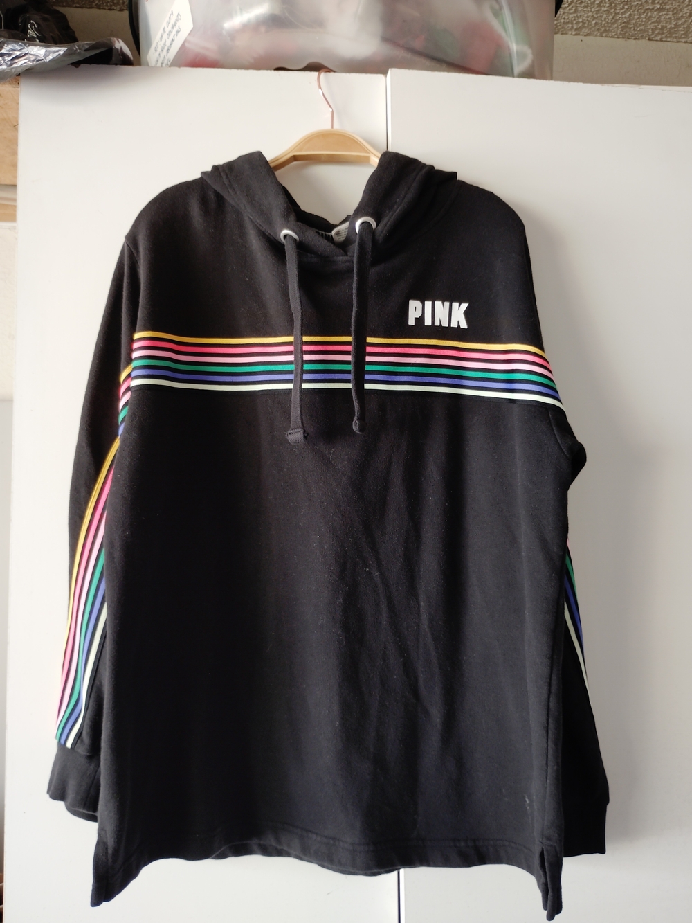 PINK By Victoria Secret Black Crewneck Sweatshirt with Rainbow Stripes Size L